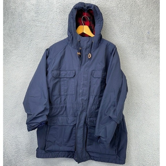 L.L. Bean Jacket‎ Mens XL Blue Plaid Nylon Blend Wool Lined Wind Full Zip Hoodie